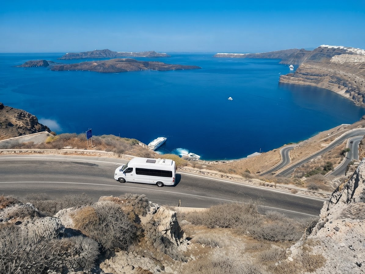 Santorini private transfer minibus on caldera road with Aegean Sea and volcano view